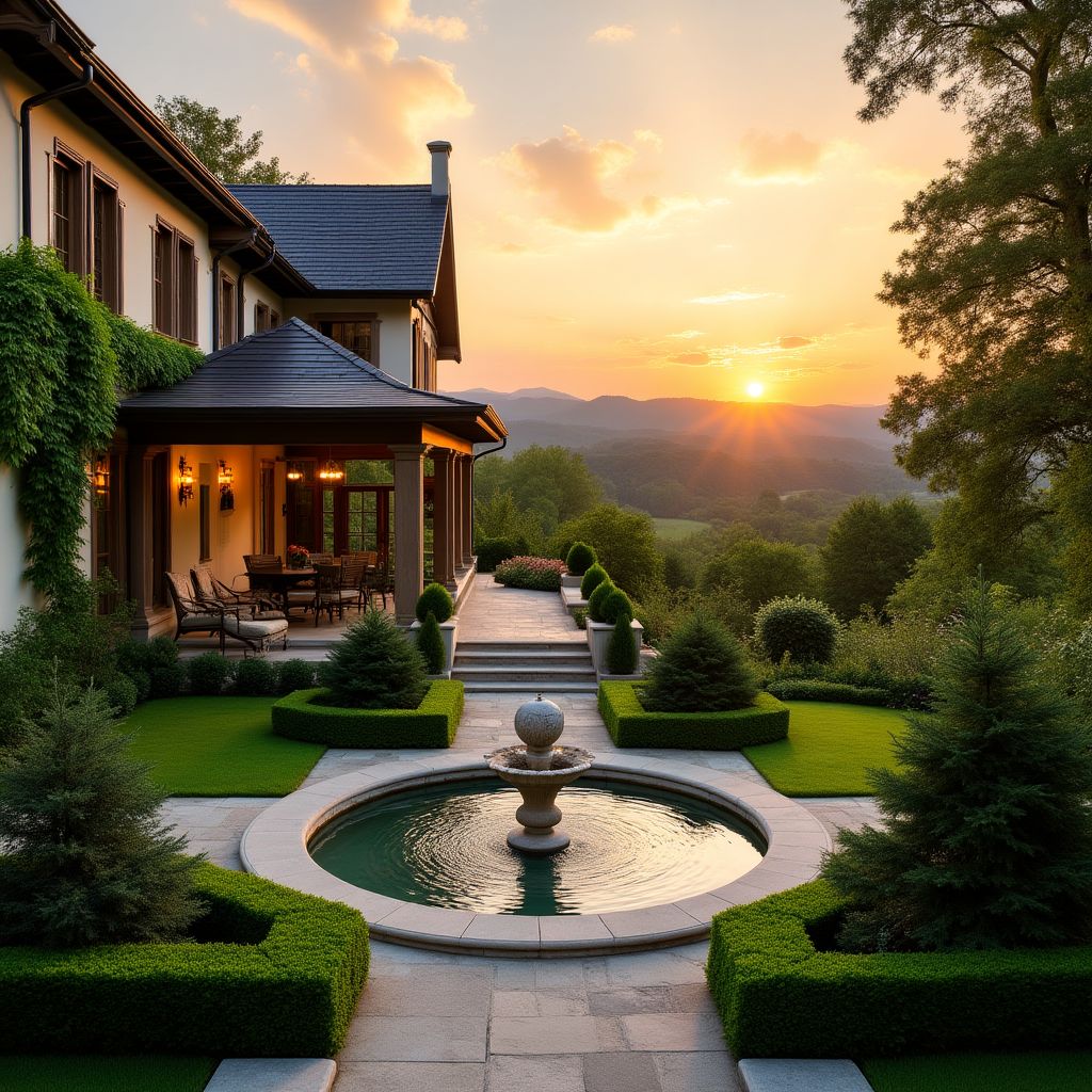 Panorama nowoczesnego ogrodu z eleganckim tarasem i fontanną