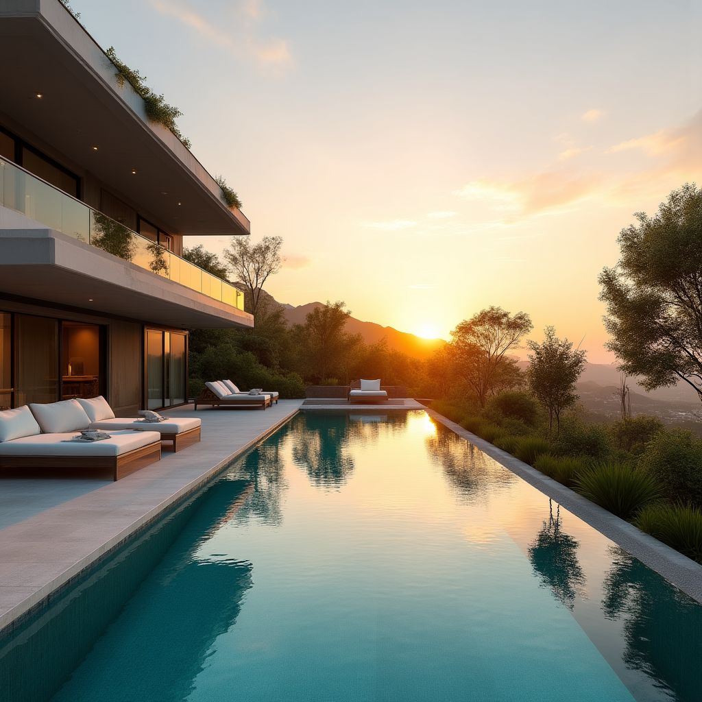 Nowoczesny ogród z basenem i strefą wypoczynkową