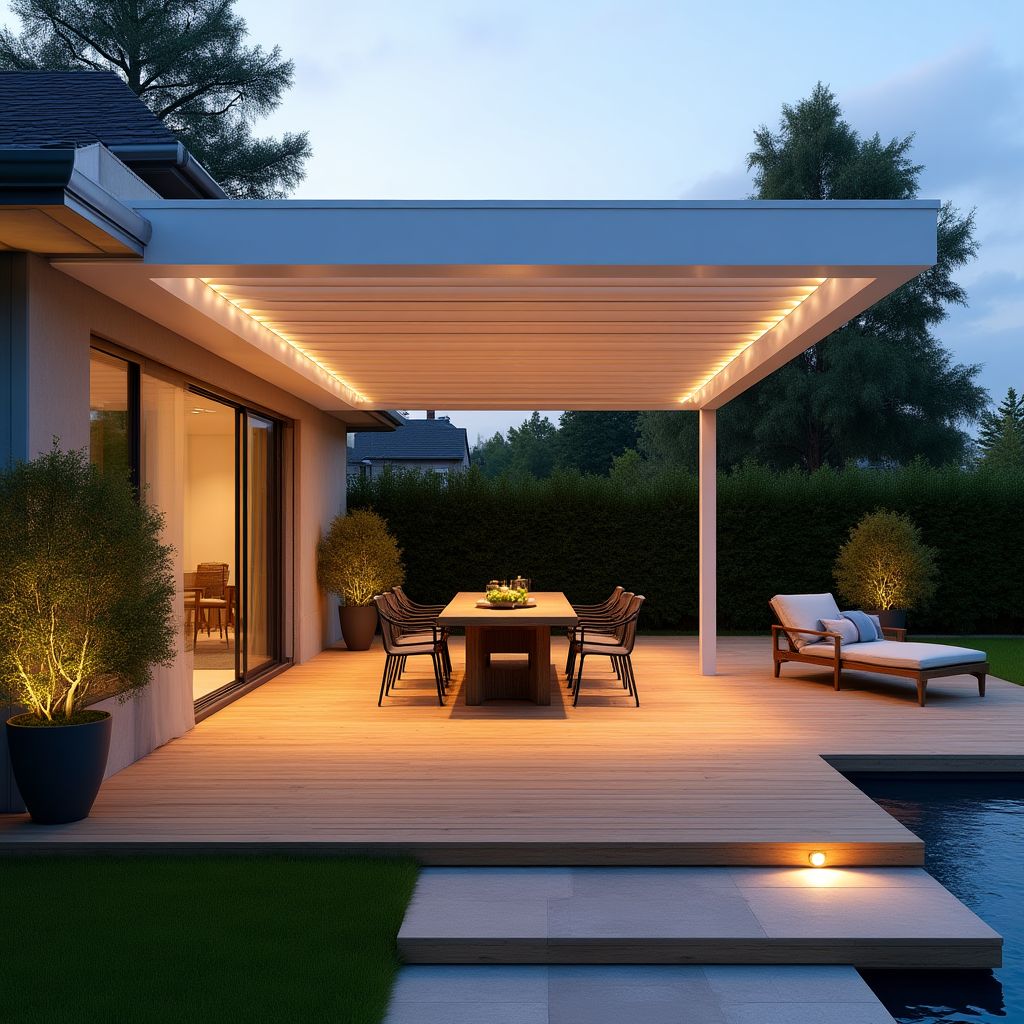 Elegancki taras z pergolą i oświetleniem