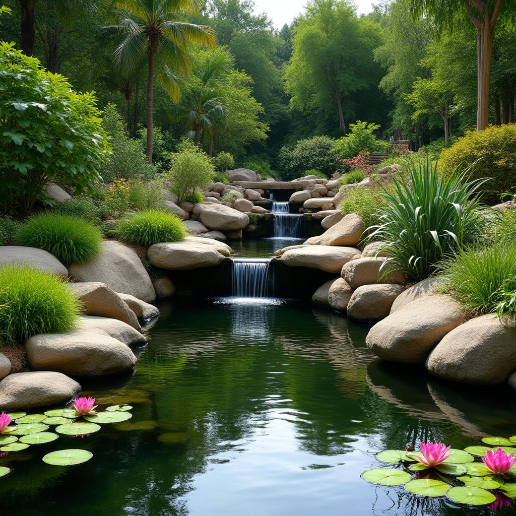 Oczko wodne z kaskadą i egzotycznymi roślinami